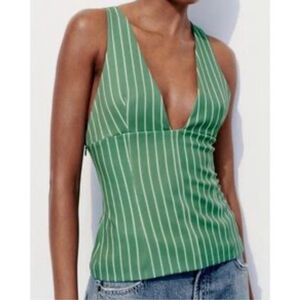 Zara green with white stripes halter low cut top blogger favourite size XXL